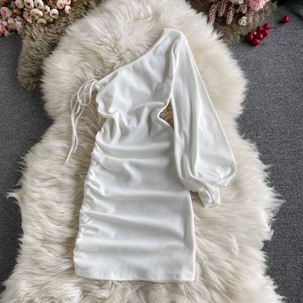 Sexy slanted collar strapless female autumn new style temperament light mature wind Yujie long-sleeved irregular hip skirt - Image 4