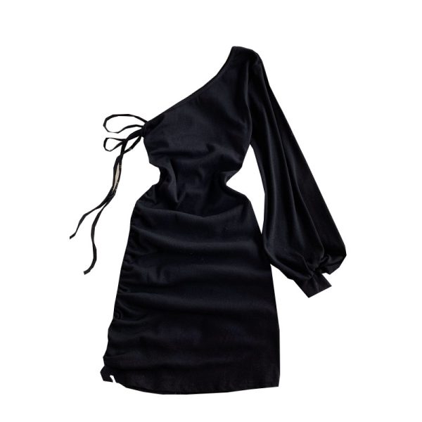 Sexy slanted collar strapless female autumn new style temperament light mature wind Yujie long-sleeved irregular hip skirt - Image 6