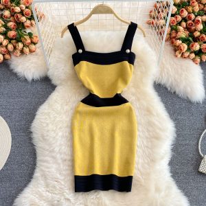 Summer New Hong Kong Style Sexy Color Block High Waist Slip Dress Slim Fit Slimming Small Knitted Sheath Dress
