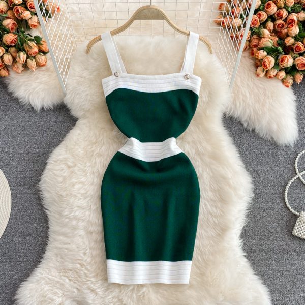 Summer New Hong Kong Style Sexy Color Block High Waist Slip Dress Slim Fit Slimming Small Knitted Sheath Dress - Image 3
