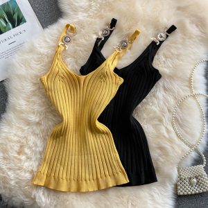 Summer New Solid Color Metal Buckle V-neck Slim Fit Slimming Inspirational Short Knitted Top Thread Camisole