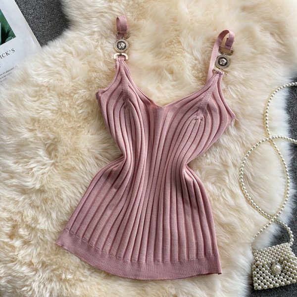Summer New Solid Color Metal Buckle V-neck Slim Fit Slimming Inspirational Short Knitted Top Thread Camisole - Image 4