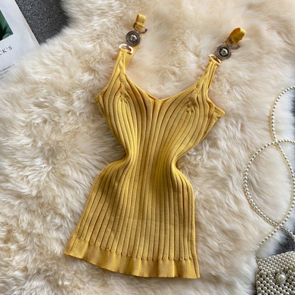 Summer New Solid Color Metal Buckle V-neck Slim Fit Slimming Inspirational Short Knitted Top Thread Camisole - Image 5
