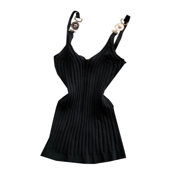 Summer New Solid Color Metal Buckle V-neck Slim Fit Slimming Inspirational Short Knitted Top Thread Camisole - Image 6