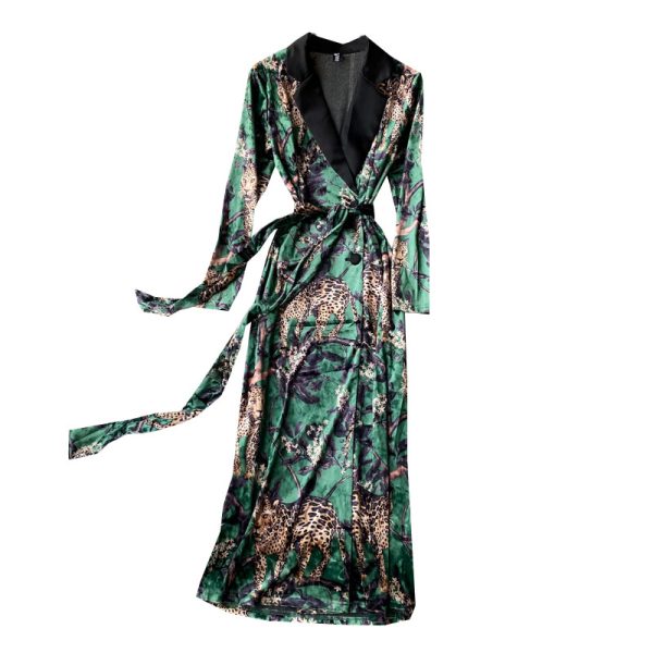 Autumn and winter new long-sleeved ladies temperament is thin, high-end printed lace-up velvet suit collar dress - Image 6