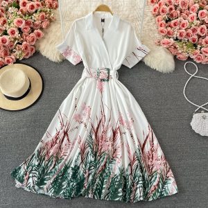 European Station Summer New French Retro Short Sleeve Printed Long Dress Waist Slimming Floral Large Swing Dress