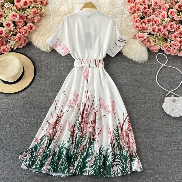 European Station Summer New French Retro Short Sleeve Printed Long Dress Waist Slimming Floral Large Swing Dress - Image 5