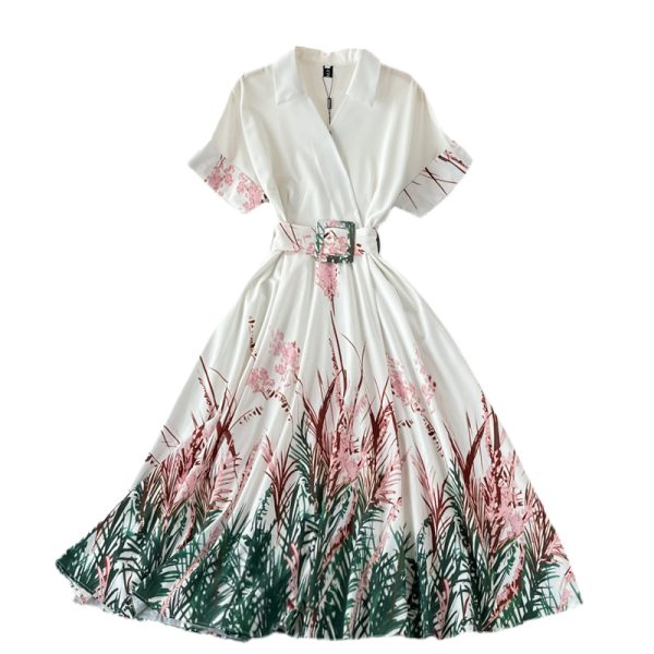 European Station Summer New French Retro Short Sleeve Printed Long Dress Waist Slimming Floral Large Swing Dress - Image 6
