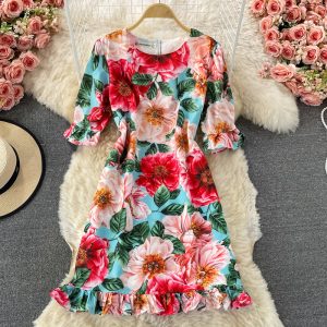 Summer New Fashion Elegant Graceful round-Neck Flared Sleeves Printed Small Ruffled Dress Short Sleeve