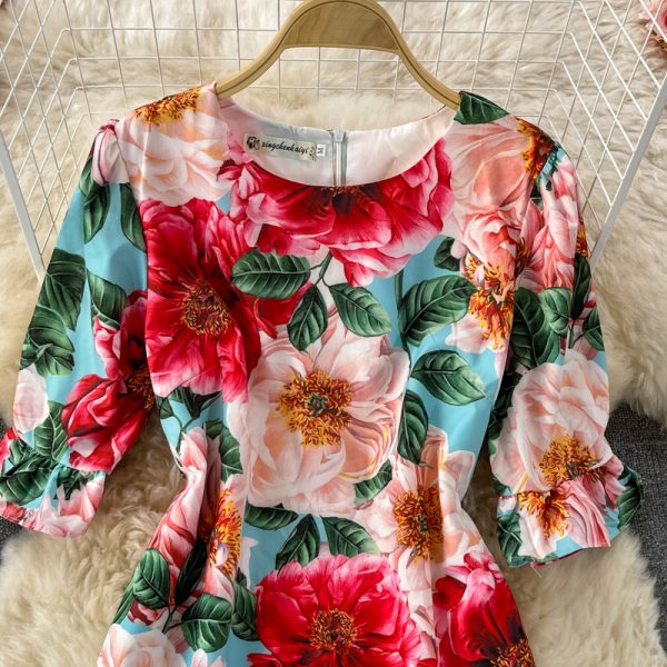 Summer New Fashion Elegant Graceful round-Neck Flared Sleeves Printed Small Ruffled Dress Short Sleeve - Image 3
