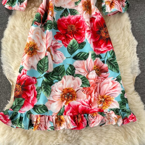 Summer New Fashion Elegant Graceful round-Neck Flared Sleeves Printed Small Ruffled Dress Short Sleeve - Image 4
