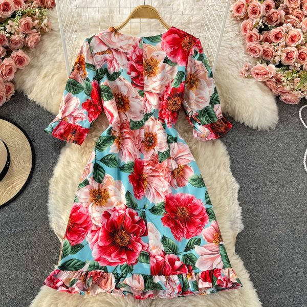 Summer New Fashion Elegant Graceful round-Neck Flared Sleeves Printed Small Ruffled Dress Short Sleeve - Image 5