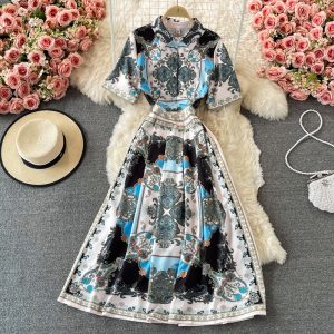 French Socialite Graceful Long Expansion Skirt Spring And Autumn New Vintage Court Style Lapel Print Short Sleeve Dress