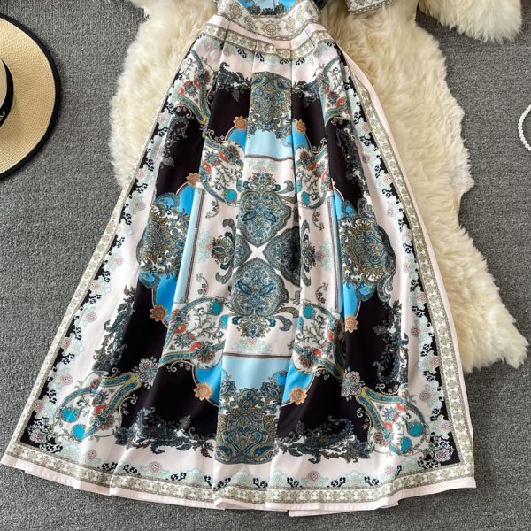 French Socialite Graceful Long Expansion Skirt Spring And Autumn New Vintage Court Style Lapel Print Short Sleeve Dress - Image 4