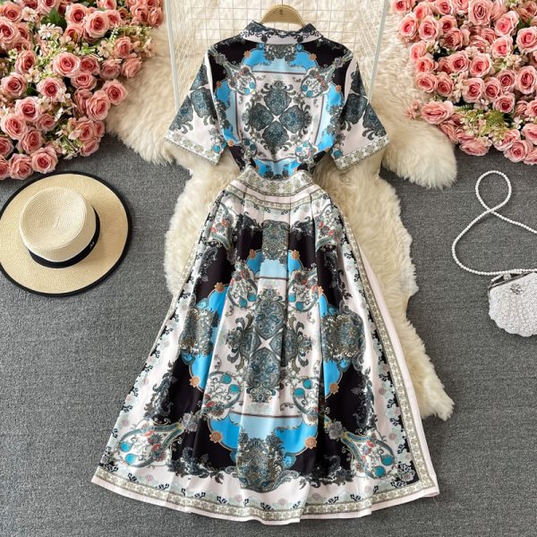 French Socialite Graceful Long Expansion Skirt Spring And Autumn New Vintage Court Style Lapel Print Short Sleeve Dress - Image 5