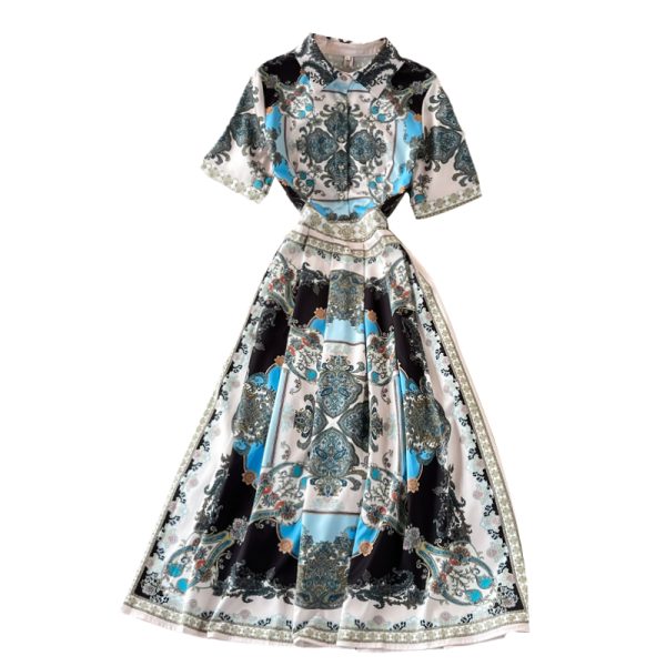 French Socialite Graceful Long Expansion Skirt Spring And Autumn New Vintage Court Style Lapel Print Short Sleeve Dress - Image 6