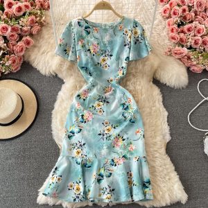 summer New French Slimming Adult Lady like Woman Lightly Mature Ol Temperament Crew Neck Fishtail Sheath Dress Short Sleeve
