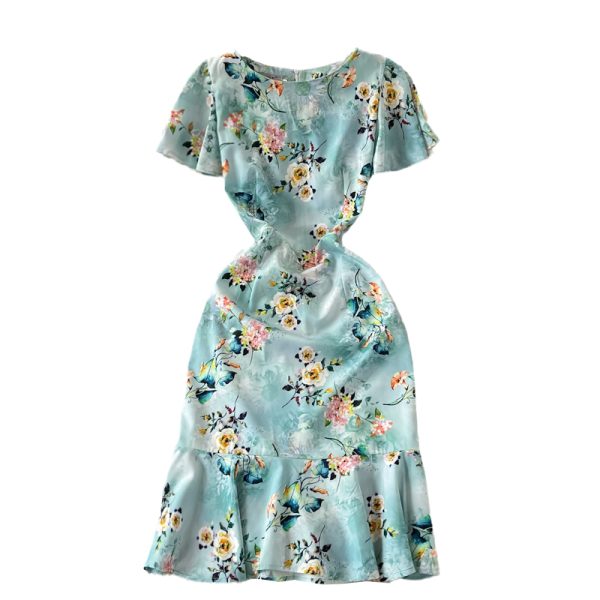 summer New French Slimming Adult Lady like Woman Lightly Mature Ol Temperament Crew Neck Fishtail Sheath Dress Short Sleeve - Image 6