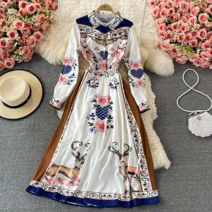European and American style spring new retro court ladies temperament printing lapel long sleeve elegant big swing dress