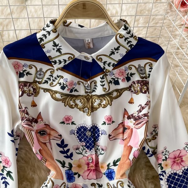 European and American style spring new retro court ladies temperament printing lapel long sleeve elegant big swing dress - Image 3