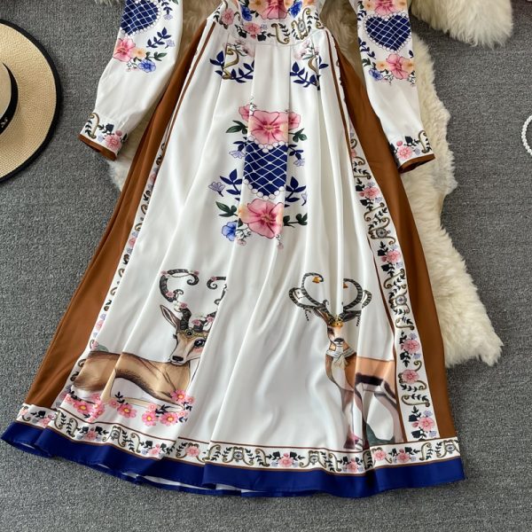 European and American style spring new retro court ladies temperament printing lapel long sleeve elegant big swing dress - Image 4