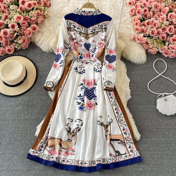 European and American style spring new retro court ladies temperament printing lapel long sleeve elegant big swing dress - Image 5