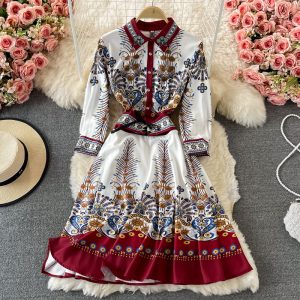spring and Autumn New French Royal Style Waist Slimming Socialite Temperament Printed Long Sleeve Lapel Dress