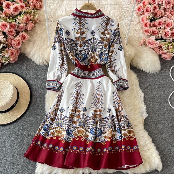 spring and Autumn New French Royal Style Waist Slimming Socialite Temperament Printed Long Sleeve Lapel Dress - Image 5