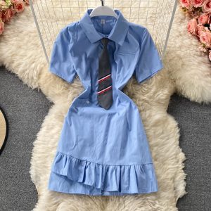 Korean fan girl blue short-sleeved female summer Korean style design self-cultivation college style tie pleated dress