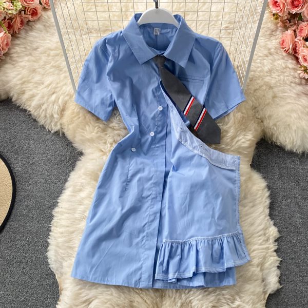 Korean fan girl blue short-sleeved female summer Korean style design self-cultivation college style tie pleated dress - Image 3