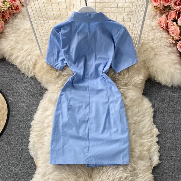 Korean fan girl blue short-sleeved female summer Korean style design self-cultivation college style tie pleated dress - Image 4