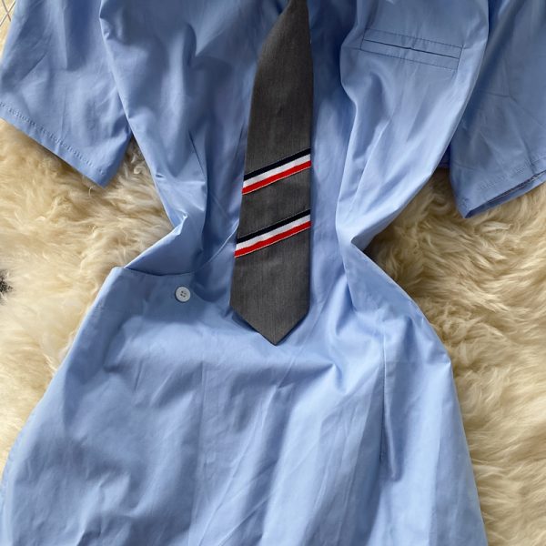 Korean fan girl blue short-sleeved female summer Korean style design self-cultivation college style tie pleated dress - Image 5