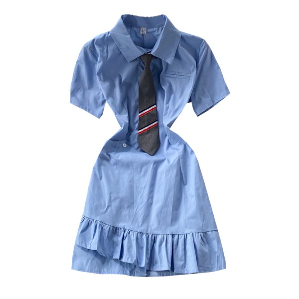 Korean fan girl blue short-sleeved female summer Korean style design self-cultivation college style tie pleated dress - Image 6