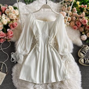 French Style Retro Square Collar Bubble Sleeve Elegant Dress Spring and Autumn New Young Girl Waist Slimming A- line Skirt
