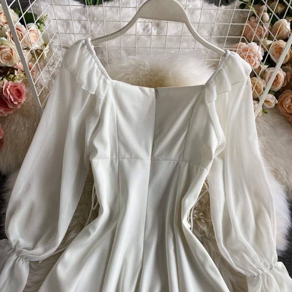 French Style Retro Square Collar Bubble Sleeve Elegant Dress Spring and Autumn New Young Girl Waist Slimming A- line Skirt - Image 3