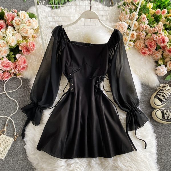French Style Retro Square Collar Bubble Sleeve Elegant Dress Spring and Autumn New Young Girl Waist Slimming A- line Skirt - Image 4