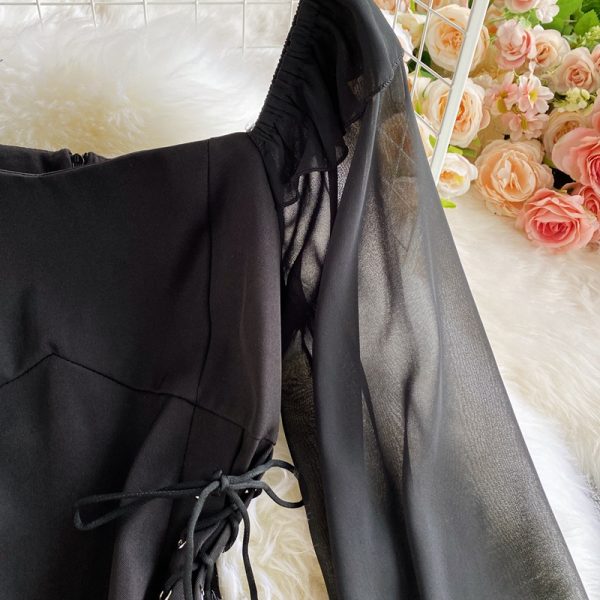 French Style Retro Square Collar Bubble Sleeve Elegant Dress Spring and Autumn New Young Girl Waist Slimming A- line Skirt - Image 5