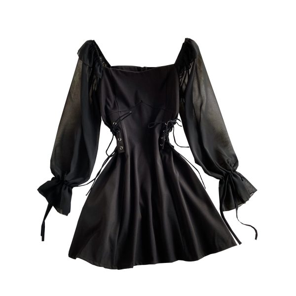 French Style Retro Square Collar Bubble Sleeve Elegant Dress Spring and Autumn New Young Girl Waist Slimming A- line Skirt - Image 6