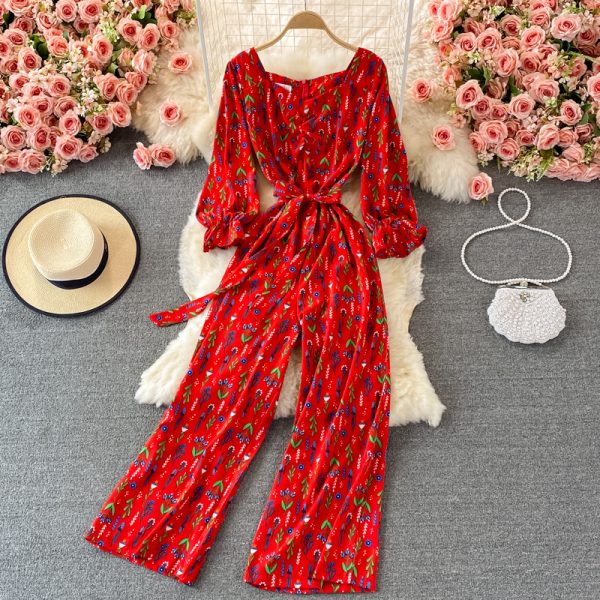 Long Sleeve Cinched Tie Slim-Fit Floral Square Collar Jumpsuitautumn New High Waist Wide Leg Jumpsuit - Image 3