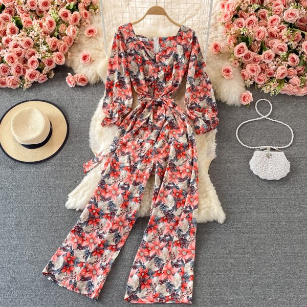 Long Sleeve Cinched Tie Slim-Fit Floral Square Collar Jumpsuitautumn New High Waist Wide Leg Jumpsuit - Image 4