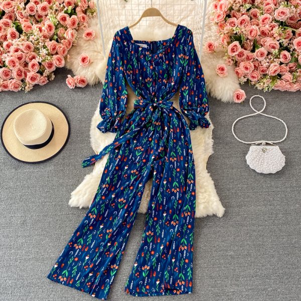 Long Sleeve Cinched Tie Slim-Fit Floral Square Collar Jumpsuitautumn New High Waist Wide Leg Jumpsuit - Image 5
