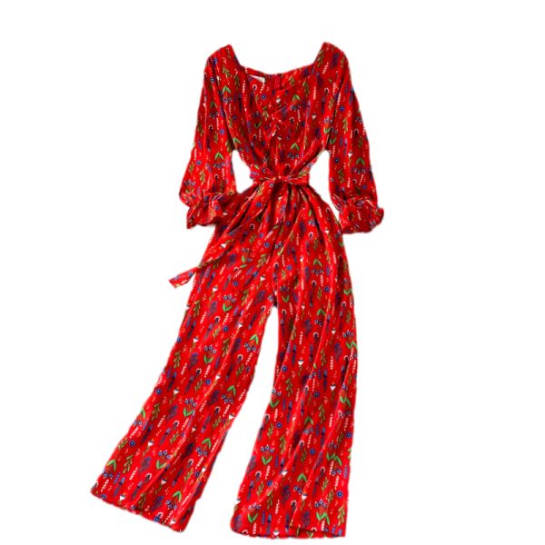Long Sleeve Cinched Tie Slim-Fit Floral Square Collar Jumpsuitautumn New High Waist Wide Leg Jumpsuit - Image 6