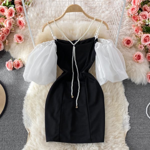 Socialite Style off-Shoulder Pearl Chain Strap Dress 21 Summer New Elegant Retro Slimming Puff Sleeve A- line Dress - Image 2