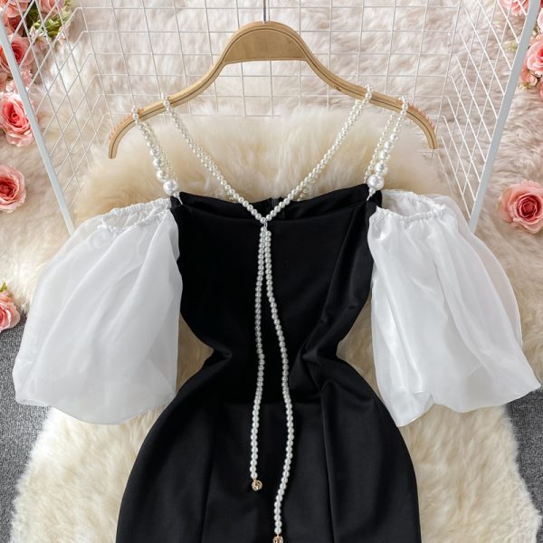 Socialite Style off-Shoulder Pearl Chain Strap Dress 21 Summer New Elegant Retro Slimming Puff Sleeve A- line Dress - Image 3