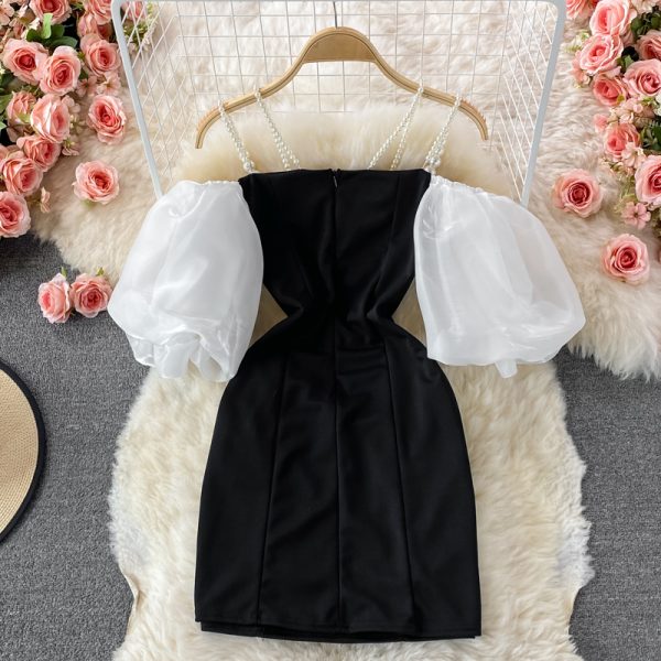 Socialite Style off-Shoulder Pearl Chain Strap Dress 21 Summer New Elegant Retro Slimming Puff Sleeve A- line Dress - Image 5