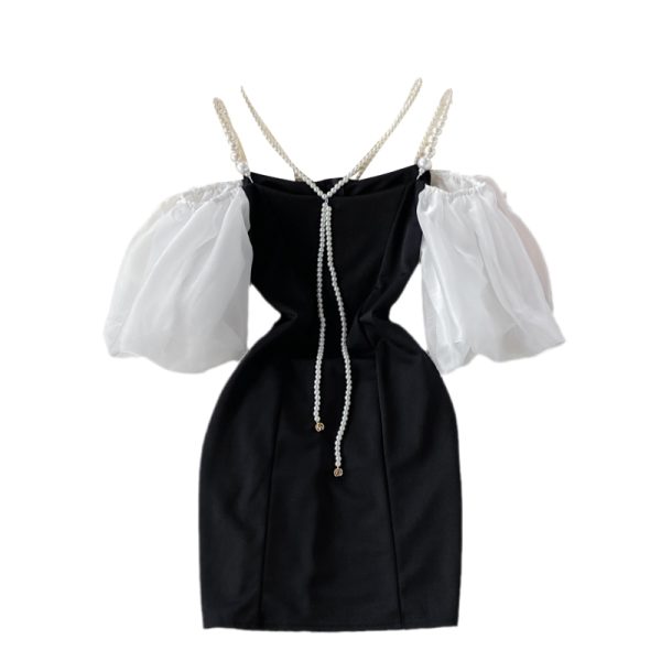 Socialite Style off-Shoulder Pearl Chain Strap Dress 21 Summer New Elegant Retro Slimming Puff Sleeve A- line Dress - Image 6