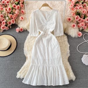 Elegant First Love White Slim Dresssummer New V-neck Waist-Controlled Slimming Sheath Fishtail Dress