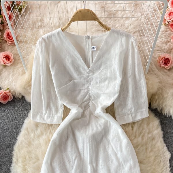 Elegant First Love White Slim Dresssummer New V-neck Waist-Controlled Slimming Sheath Fishtail Dress - Image 3