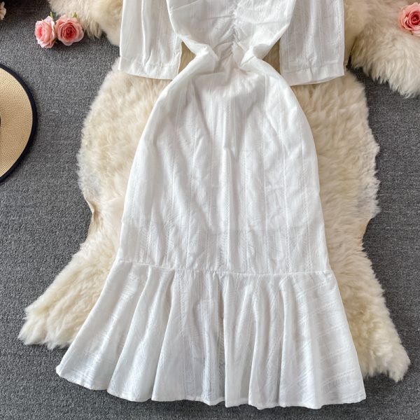 Elegant First Love White Slim Dresssummer New V-neck Waist-Controlled Slimming Sheath Fishtail Dress - Image 4