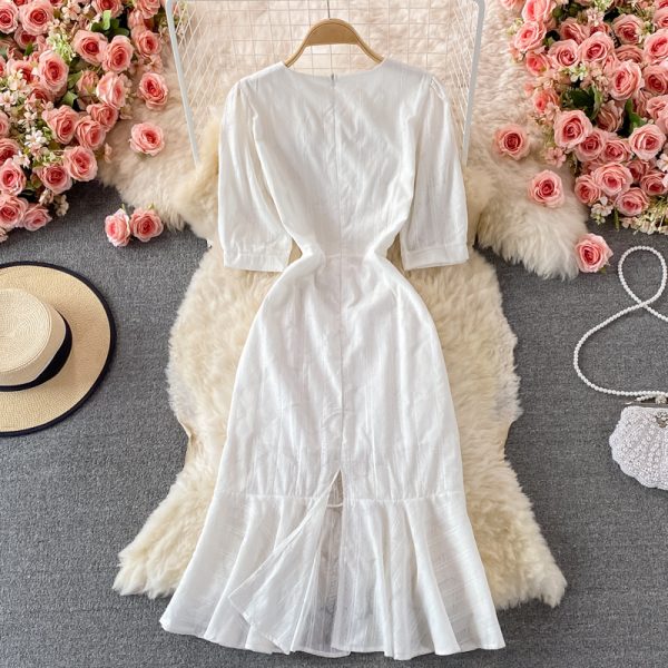 Elegant First Love White Slim Dresssummer New V-neck Waist-Controlled Slimming Sheath Fishtail Dress - Image 5